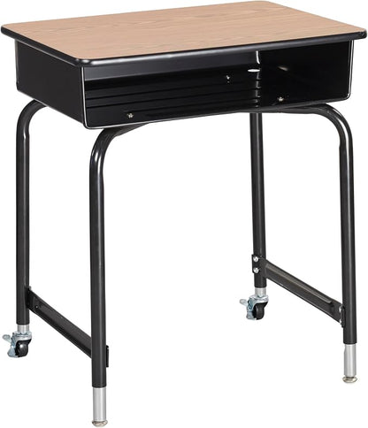 ECR4Kids Mobile Open Front Desk with Metal Storage Book Box, Classroom Furniture, Oak