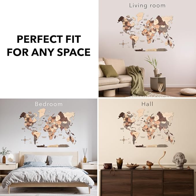 Enjoy The Wood 3D Wooden World Map Wall Art - Large Travel Map with Pins for Art Decor - Decorative Map of the World for Home, Office - Travel Wall Art Housewarming Gift Idea (Smokey, M, Unframed)