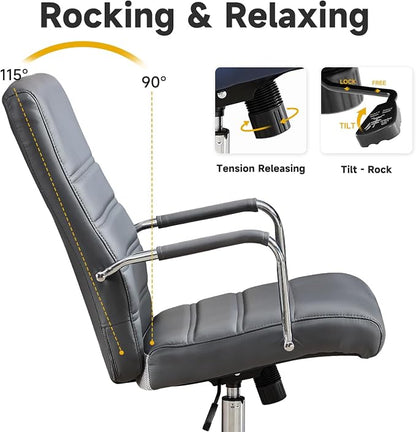 Office Desk Chair Leather, Conference Room Chairs with Wheels, Modern Executive Office Chairs Adjustable Height, Ergonomic Swivel Rolling Ribbed Computer Chair(Grey)
