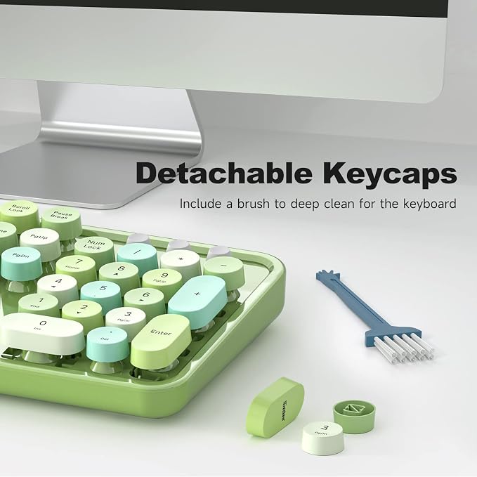 MOWUX Computer Keyboard Wired, Plug and Play USB Retro Round Typewriter Keyboard, Full Size Wired Keyboard with Foldable Stands for Laptop and Office PC- Green Colorful