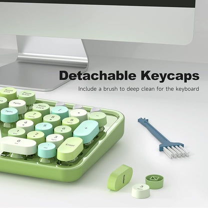 MOWUX Computer Keyboard Wired, Plug and Play USB Retro Round Typewriter Keyboard, Full Size Wired Keyboard with Foldable Stands for Laptop and Office PC- Green Colorful