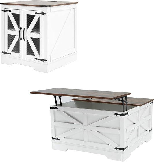 Farmhouse End Table Set with Charging Station, Living Room Tables with Hidden Storage, Wood Square Sofa Bedside Tables, Night Stand with Power Outlet and Door, White