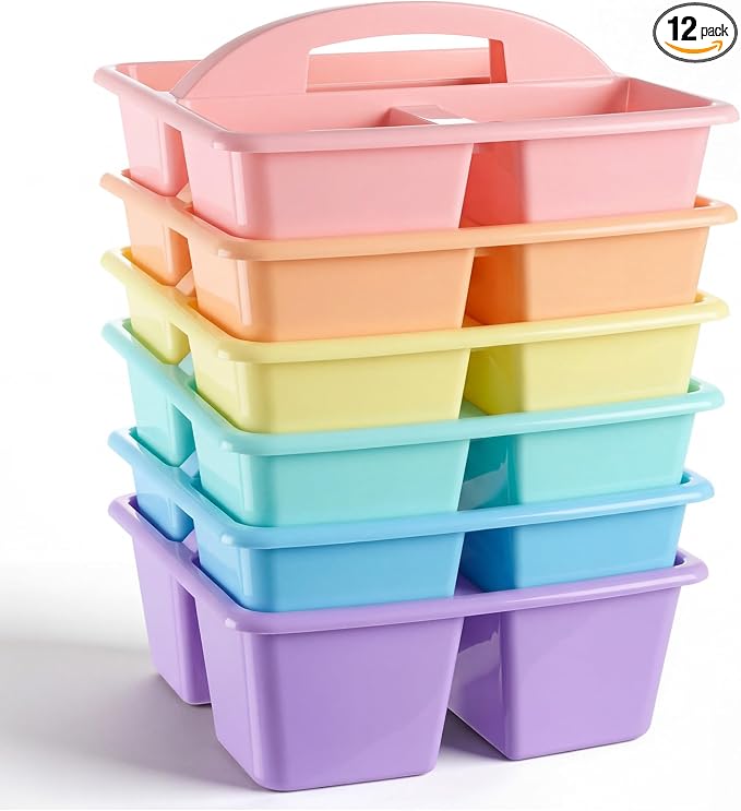 Kathfly 12 Pack Classroom Caddy Organizer with Handle, Plastic Art Craft Cleaning Caddy Bulk, Small Multipurpose Supply Organization Storage Basket for Table Desk Office Pencil Teacher (Macaron Color)