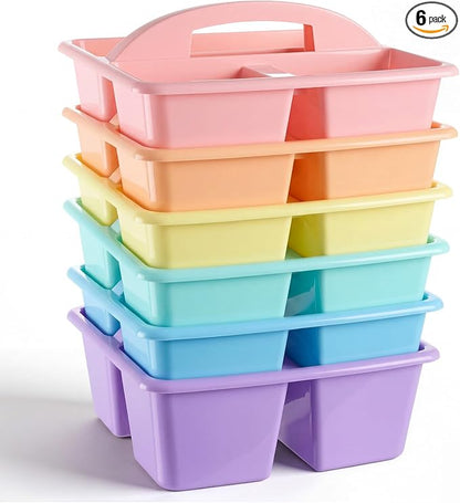 Kathfly 6 Pack Classroom Caddy Organizer with Handle, Plastic Art Craft Cleaning Caddy Bulk, Small Multipurpose Supply Organization Storage Basket for Table Desk Office Pencil Teacher (Macaron Color)