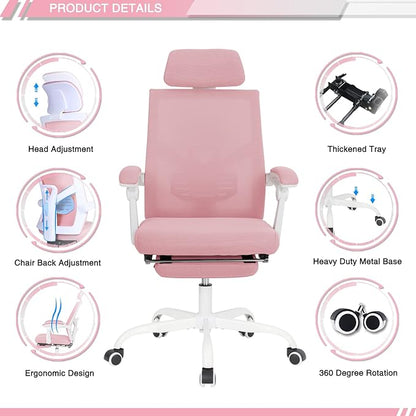 Qulomvs Mesh Ergonomic Office Chair with Footrest Home Office Desk Chair with Headrest and Backrest Adjustable Computer Executive Desk Chair with Wheels 360 Swivel Task Chair