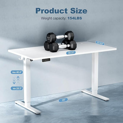 DUMOS 40 Inch Electric Standing Desk Height Adjustable, Sit to Stand Up Computer Workstations Work PC Table Home Office Study Writing Gaming Desks with Memory Presets for Walking Pad, Bedroom, White