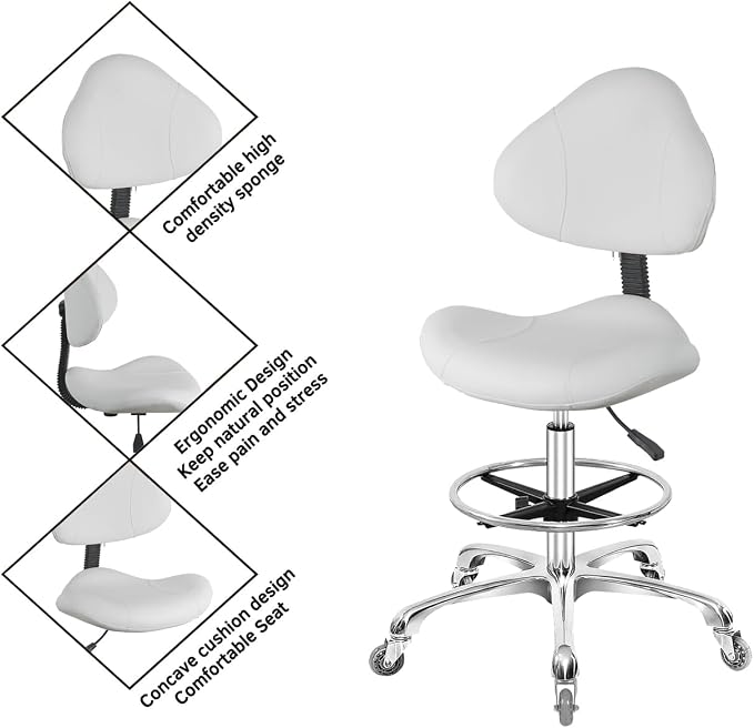 Rolling Swivel Drafting Chair Adjustable Heavy Duty (400lbs) Lumbar Support Task Chair for Home Desk Studio Design Lab(Triangular Back White)