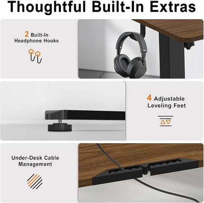 Height Adjustable Electric Desk, 55x24 Inches Stand up Desk with 3 Memory Presets & Child Lock, Quiet Motor, T-Leg Steel Frame, for Computer Workstation or Server Desk, Brown