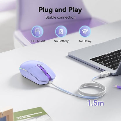TECKNET Wired Mouse - USB Corded Mouse with RGB Backlit Full Size Optical Silent Mouse with Side Buttons,LED Plug and Play Wired Connection Office Mice for Desktop,PC,Laptop