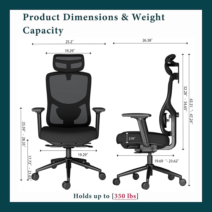 Ergonomic Office Chair with Breathable Mesh Back & Thick Cushion Seat, 4D Armrests, 3D Headrest, Adjustable Lumbar Support & Seat Depth, High Back Desk Chair with Tilt Lock (Black)
