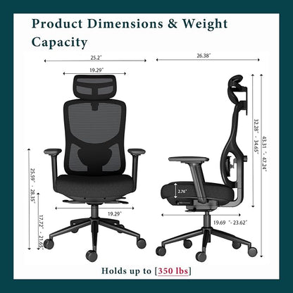 Ergonomic Office Chair with Breathable Mesh Back & Thick Cushion Seat, 4D Armrests, 3D Headrest, Adjustable Lumbar Support & Seat Depth, High Back Desk Chair with Tilt Lock (Black)