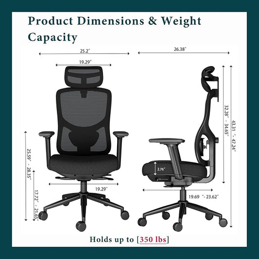 Ergonomic Office Chair with Breathable Mesh Back & Thick Cushion Seat, 4D Armrests, 3D Headrest, Adjustable Lumbar Support & Seat Depth, High Back Desk Chair with Tilt Lock (Black)