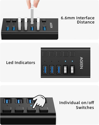AGEEN 7-Port USB 3.2 Gen 2 Hub, 10Gbps High-Speed Aluminum Powered Hub with 24W Adapter, Individual Switches & Surge Protection for PC/Laptop, Flash Drive, Printer, Camera