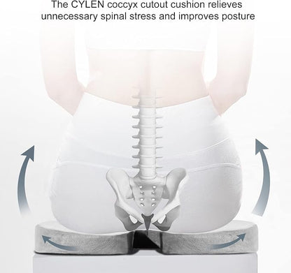 CYLEN Home Office Seat Cushion - Comfort Memory Foam Chair Cushion with Cooling Gel Infused for Tailbone, Coccyx, Back & Sciatica Pain Relief (Grey)