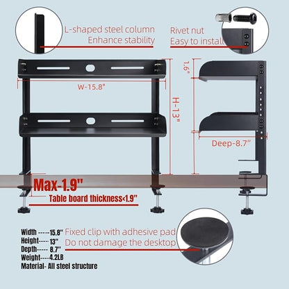 CanKing Desk Clamp Shelf 16 Inch 2 Tier Adjustable Storage Rack | Sturdy metal organizer saves space, fits A4 paper, and mounts securely on or under tables for office, gaming, and cubicle