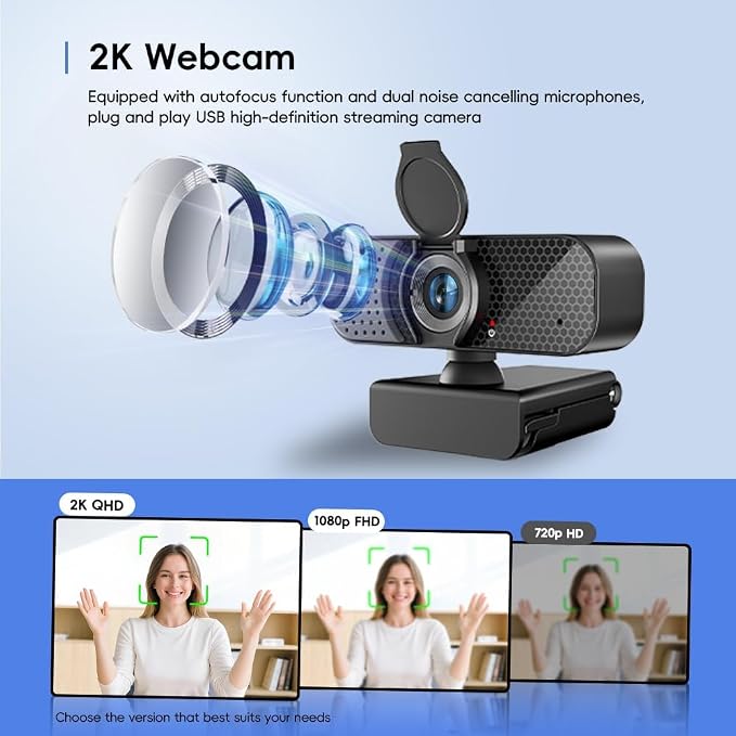 2K Webcam PC Webcam with Microphone and Physical Privacy Cover, Noise-Canceling Microphone, Auto Light Correction, Wide Angle, Plug and Play for Conferences/Online Classes/Live Streaming/Zoom/Teams