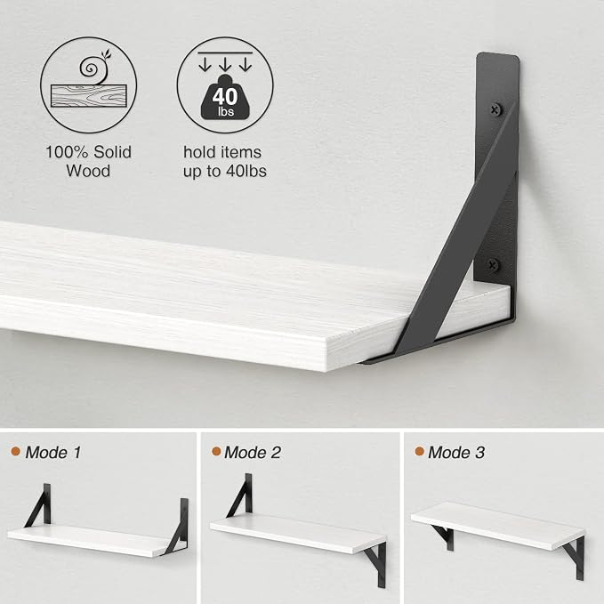 White Floating Shelves 24 inches Long Set of 3, 24 x 8 Inch Bathroom Wall Shelves Over Toilet for Towels, Modern Wood Mounted Storage Shelf for Bedroom Living Laundry Room Kitchen Office Closet