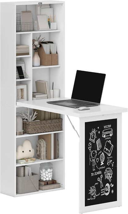 Foldable Wall Mounted Desk with Storage Shelves & Blackboard, Fold-Out Convertible Writing Table for Small Spaces | Space-Saving Floating Computer Desk for Home Office (White)