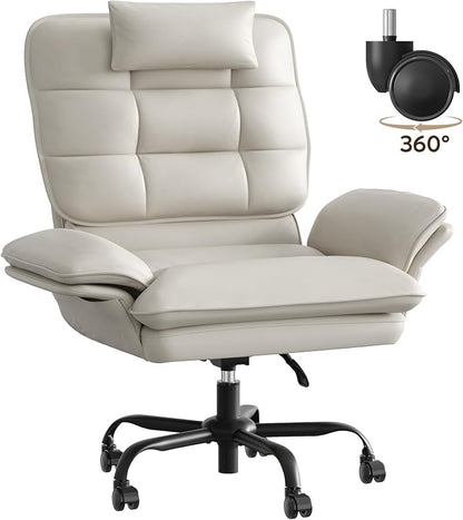 Bestier Cross Legged Office Chair Criss Cross Chair with Adjustable Arms 135° Reclining PU Leather Executive Chair with Wheels Big and Tall Computer Desk Chair for Home Office Beige