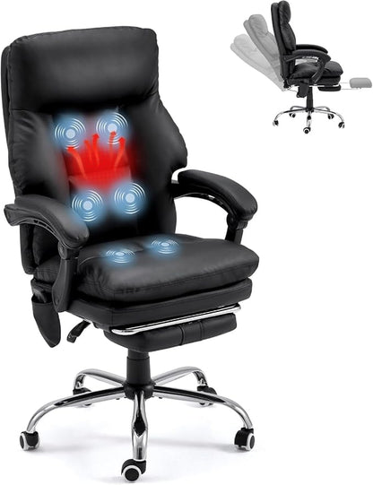 HOMREST Ergonomic Office Chair with 6-Point Massage & Heating, Adjustable Executive Desk Chairs with Retractable Footrest, PU Leather Home Office Desk Chair for Home & Office (Black)