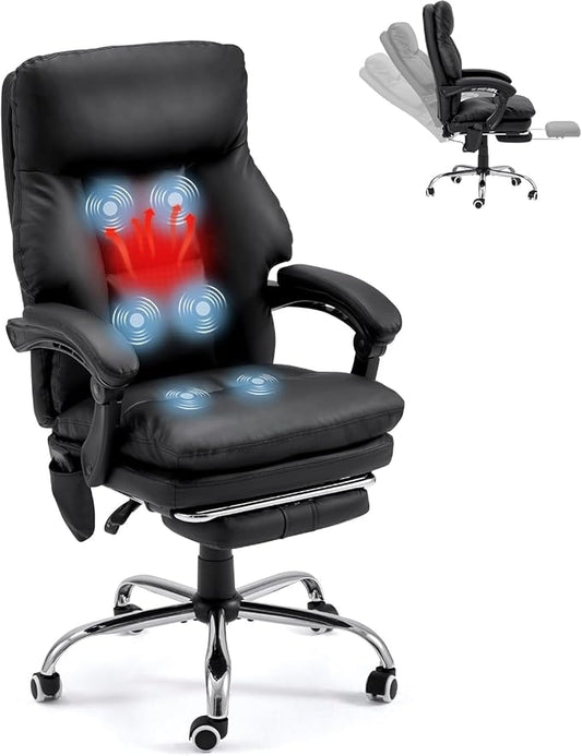 HOMREST Ergonomic Office Chair with 6-Point Massage & Heating, Adjustable Executive Desk Chairs with Retractable Footrest, PU Leather Home Office Desk Chair for Home & Office (Black)