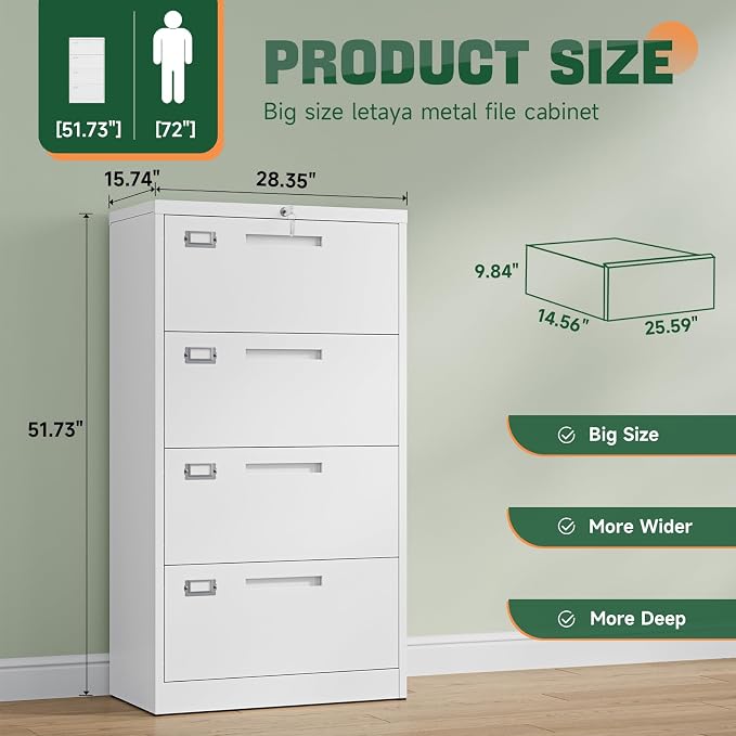 Letaya 4 Drawer File Cabinets with Lock,Metal Lateral Filing Storage Cabinet Printer Stand,White Steel Home Office Cabinet for Hanging Files Letter/Legal/A4 Size (White, H51.73×W28.35×D15.74)