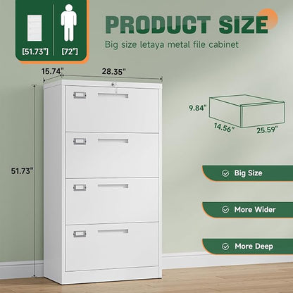 Letaya 4 Drawer File Cabinets with Lock,Metal Lateral Filing Storage Cabinet Printer Stand,White Steel Home Office Cabinet for Hanging Files Letter/Legal/A4 Size (White, H51.73×W28.35×D15.74)