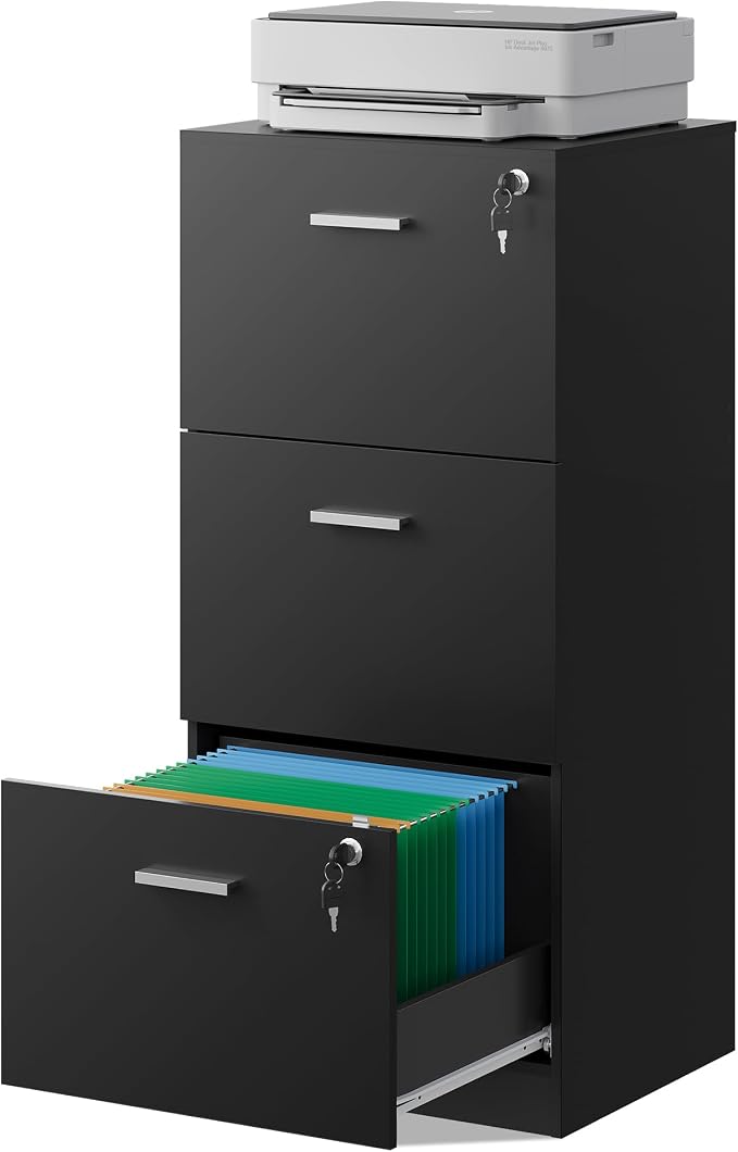 DEVAISE 3 Drawer File Cabinet with Lock, Vertical Wood Filing Cabinet for Office Storage, Printer Stand for Filing Cabinets for Home Office, Black