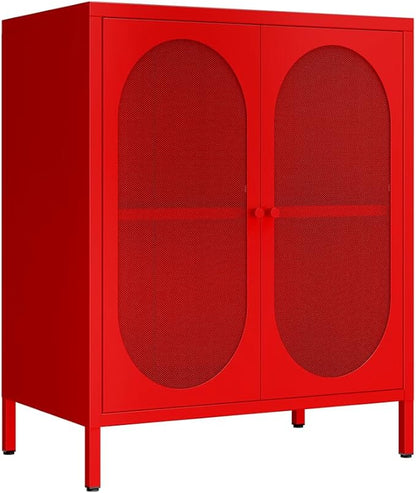 2 Mesh Door Accent Storage Cabinet for Home, Living Room, Office Room,Kitchen-Metal Locker Cabinet with 1 Adjustable Shelves-2-Tier (Small Mesh Door, red)