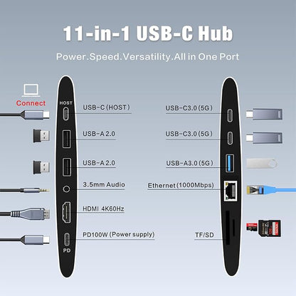 Adjustable Laptop Stand for Desk with Docking Station 11-in-1, Aluminum Laptop Riser with USB Hub 360°Swivel Dual Display 4K60Hz HDMI Gigabit Ethernet USB3.0 PD100W for MacBook Pro Air/Dell/HP 7-15.6"