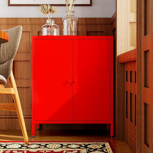 2 Door Metal Accent Storage Cabinet-Locker Cabinet for Office Room,Garage-Metal Storage Cabinet with 1 Adjustable Shelves (red)