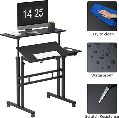 Soges Mobile Height Adjustable, Tiltable Top Desk - 31.5" Stand Up Computer Desk for Home Office, Black ZS-101-2BK
