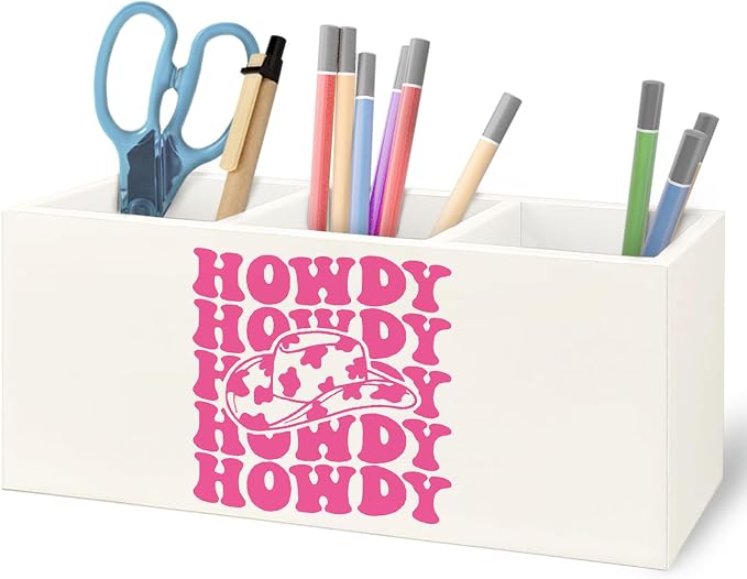 Hot Pink Western Howdy Wooden Pen Pencil Holder for Office Desk Accessories, Western Cowgirl Gifts for Women Makeup Brush Toothbrush Holder Organizer for Bathroom