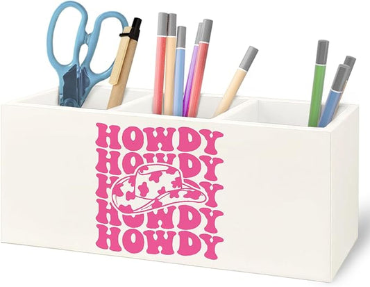 Hot Pink Western Howdy Wooden Pen Pencil Holder for Office Desk Accessories, Western Cowgirl Gifts for Women Makeup Brush Toothbrush Holder Organizer for Bathroom