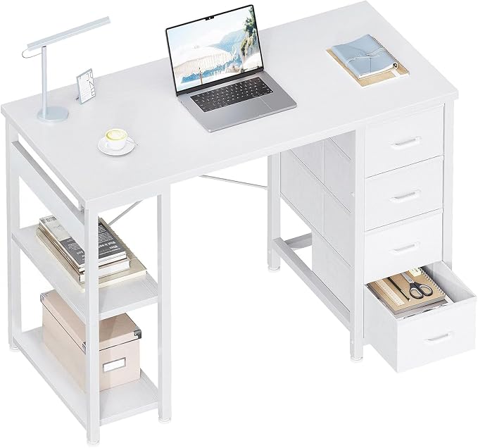 ODK 40 Inch Small White Computer Desk with 4 Fabric Drawers, Modern Office Desk for Home Office Gaming with Storage Shelves Study, White