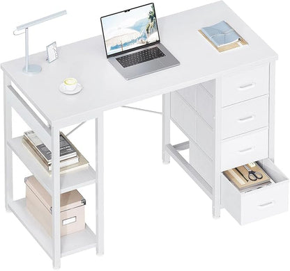ODK 40 Inch Small White Computer Desk with 4 Fabric Drawers, Modern Office Desk for Home Office Gaming with Storage Shelves Study, White