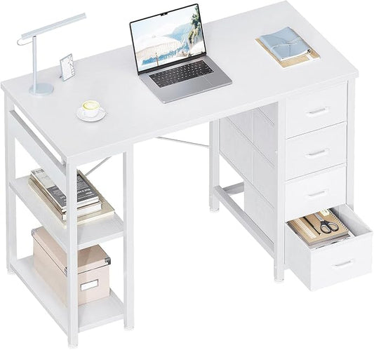 ODK 40 Inch Small White Computer Desk with 4 Fabric Drawers, Modern Office Desk for Home Office Gaming with Storage Shelves Study, White