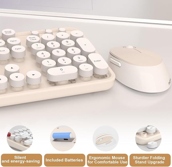 Cream Wireless Keyboard Mouse, COOFUN 104 Keys Full Size White Keyboard Ergonomic Cordless Keyboards Cute Colorful Retro Typewriter Key Board for Windows, PC, Laptop, Desktop (Creamy)