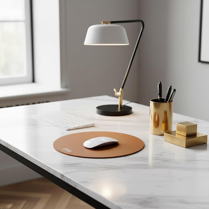 Northwind Personalized Leather Round Mouse Pad – Made in USA - Minimalist Custom Monogrammed Full Grain Leather Desk Pad | Premium Office Accessory Gift for Men, Women and Gamers, 8.5" Diameter