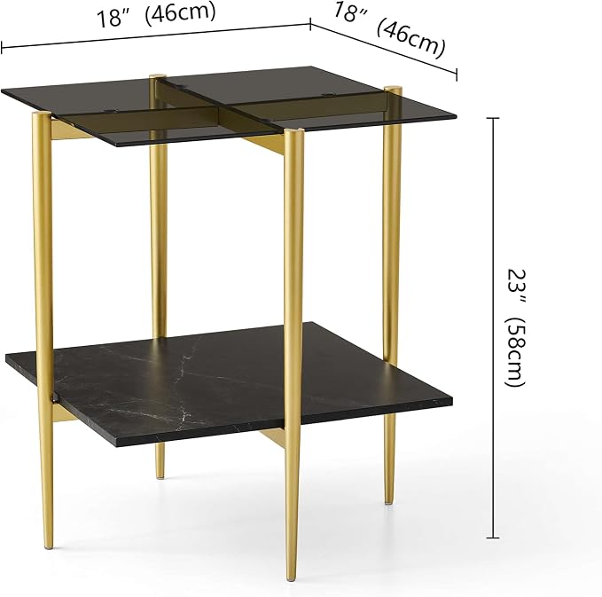LumFurn Glass End Table, Mid-Century Modern Design Sofa Table, for Living Room, L18 x W18 x H23 in, Grey Glass Top and Black Marble Finish Wood Shelf, Sleek Conical Metal Legs with Gold Finish Frame