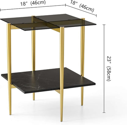 LumFurn Glass End Table, Mid-Century Modern Design Sofa Table, for Living Room, L18 x W18 x H23 in, Grey Glass Top and Black Marble Finish Wood Shelf, Sleek Conical Metal Legs with Gold Finish Frame