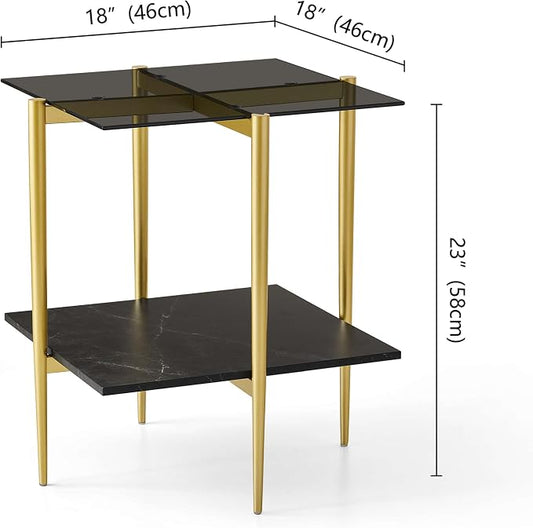 LumFurn Glass End Table, Mid-Century Modern Design Sofa Table, for Living Room, L18 x W18 x H23 in, Grey Glass Top and Black Marble Finish Wood Shelf, Sleek Conical Metal Legs with Gold Finish Frame