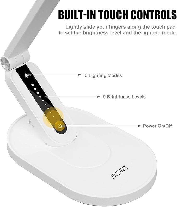 JKSWT Desk Lamp, for Eye Care, Dimmable Table Lamp with 5 Colour Modes, 72 LEDs with USB Charging Port, Touch Control and Memory Function, Office Lamp