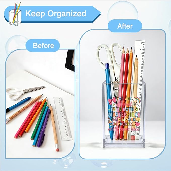 You Are Allowed To Be A Masterpiece Acrylic Pen Holder, Inspirational Gifts for Women Daughter Sister, Self Love Desk Organizer for Friend Student Teacher, Office School Encouragement Decor