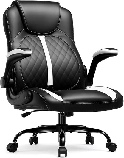 COMHOMA Office Computer Gaming Chair Ergonomic Desk Chair for Adults with Lumbar Support Flip-Up Arms Adjustable Height Swivel Wheels PU Leather Executive Design for Short People Use, White