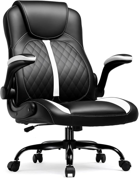 COMHOMA Office Computer Gaming Chair Ergonomic Desk Chair for Adults with Lumbar Support Flip-Up Arms Adjustable Height Swivel Wheels PU Leather Executive Design for Short People Use, White