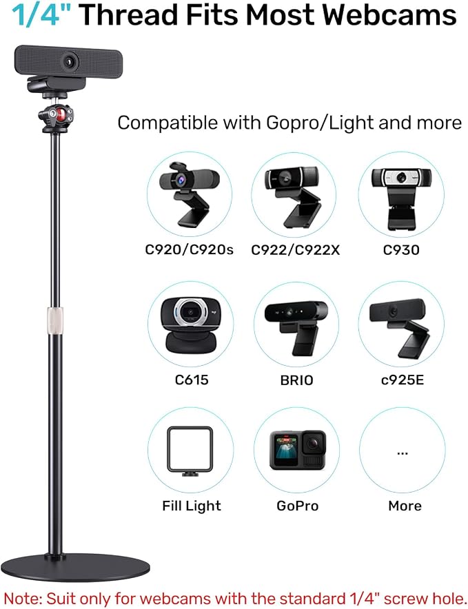 Webcam Stand for Desk, Raise Height Desktop Stand with Adjustment for Logitech Webcam C920 C922 BRIO, 360°Rotatable Ballhead Desktop Tripod for Live Streaming/Video Calling with 1/4" Thread