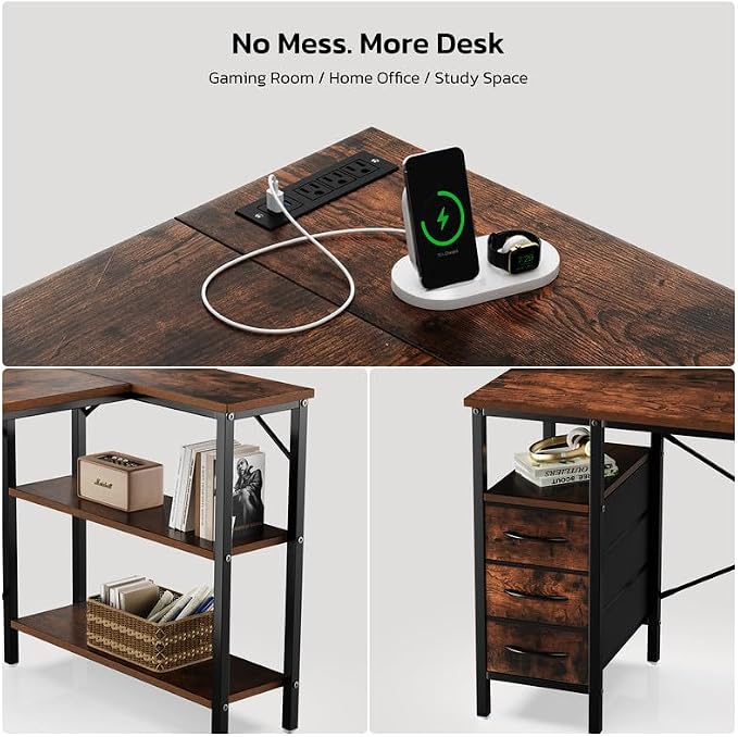 Simple Deluxe L Shaped Gaming Desk with Power Outlets, 55 Inch Computer Desk with 3 Drawers, Shelves, Corner Computer Desk for Gaming, Corner Work, Home Office, Study, Rustic Brown