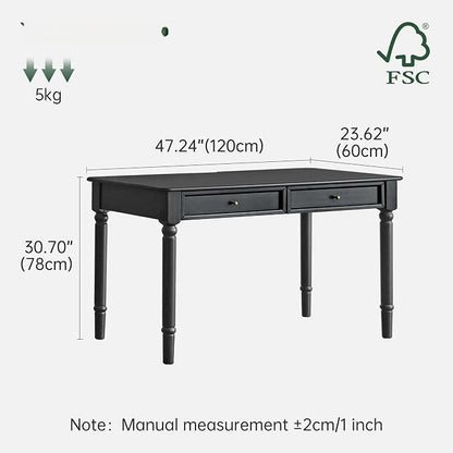 Solid Wood Computer Desk with Double Drawers, Black Vintage Rubber Wood Writing Desk for Home Office 47.2"