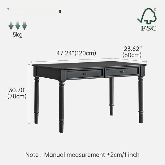 Solid Wood Computer Desk with Double Drawers, Black Vintage Rubber Wood Writing Desk for Home Office 47.2"